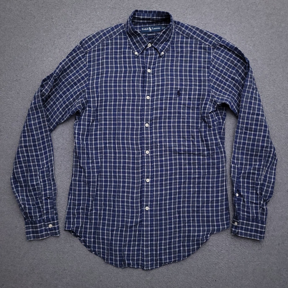 vtg Ralph Lauren Linen Blend Shirt Mens Small Classic Fit Button Down Blue Plaid